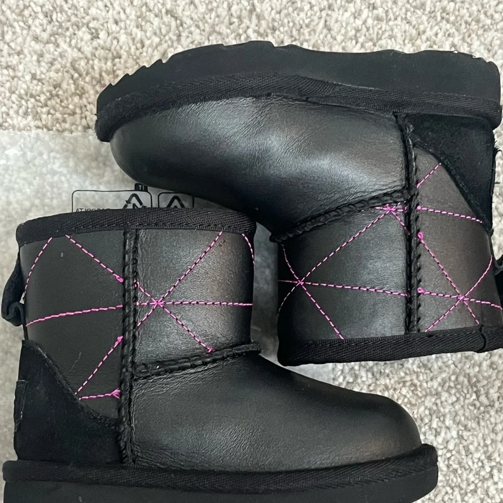 UGG Classic Mini Black Leather Boots with Pink Accents